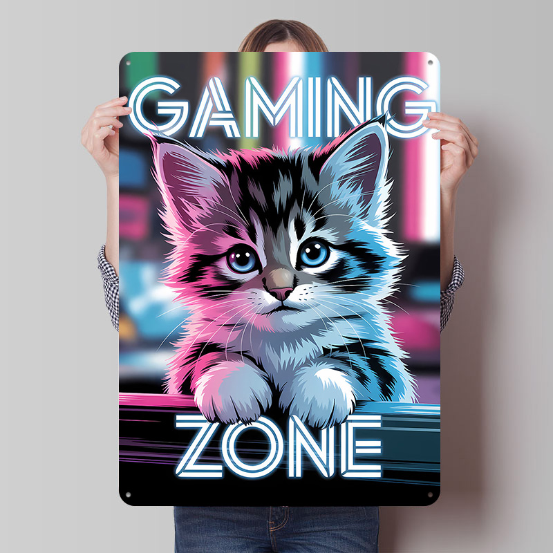 Retro Gaming Zone - ゲーミングゾーン子猫プリントポスターカスタマイズされた壁アートレトロヴィンテージ金属ブリキ看板ゲーマー装飾用家の装飾アクセサリー