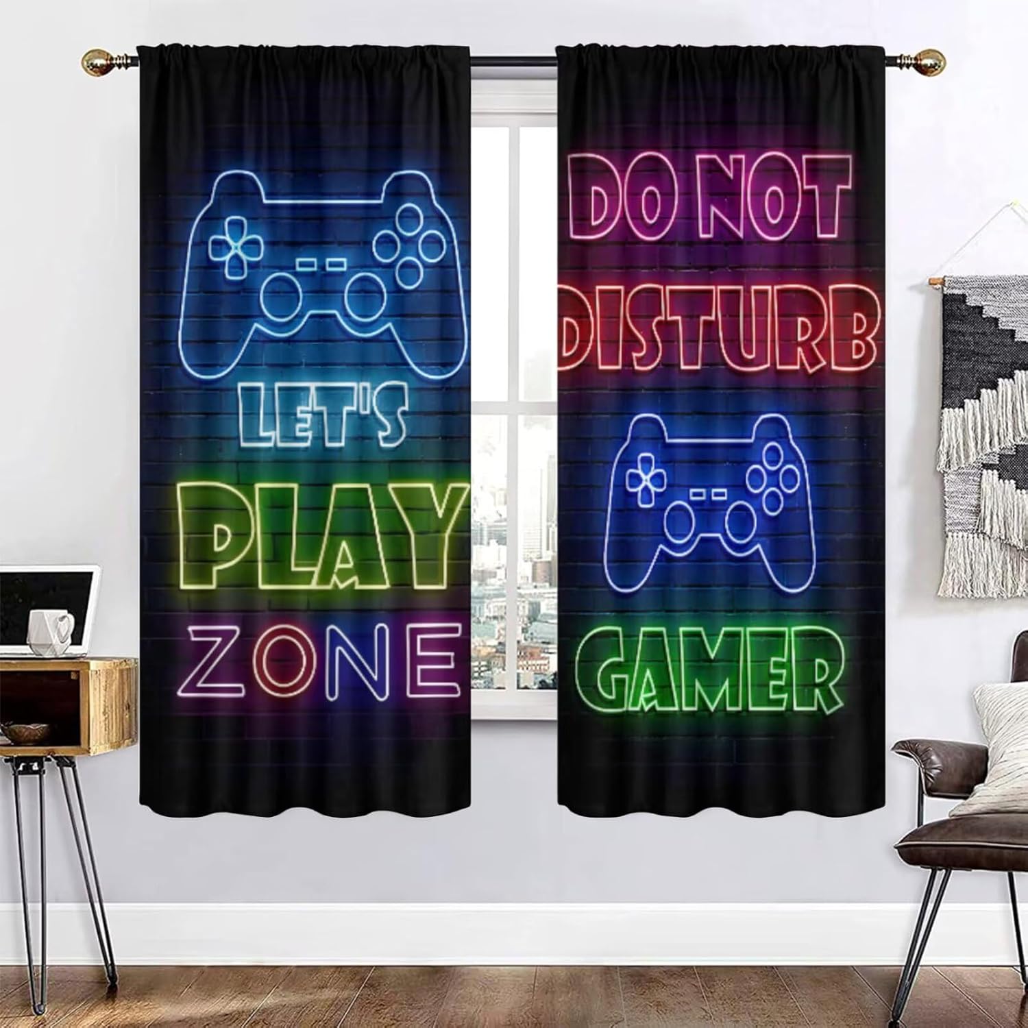 Retro Gaming Zone - ゲーミングゲーマーカーテンカーテン遮光ウィンドウパネルルーム装飾レトロコントローラー楽しい美的保育園ベッドサイドカーテンプレイゾーン