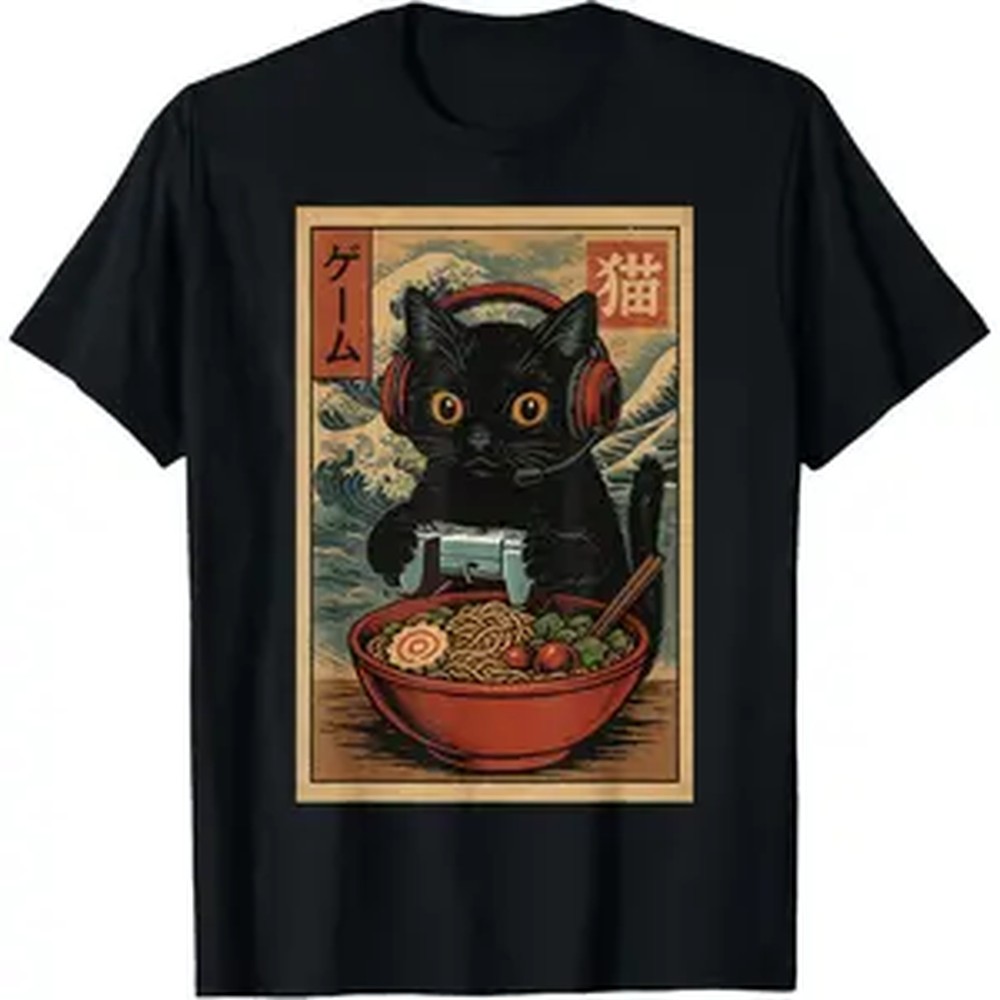 Retro Gaming Shirt - かわいいカワイイゲーマーキャット面白いラーメンレトロ日本の猫ゲーミングTシャツ、恐竜