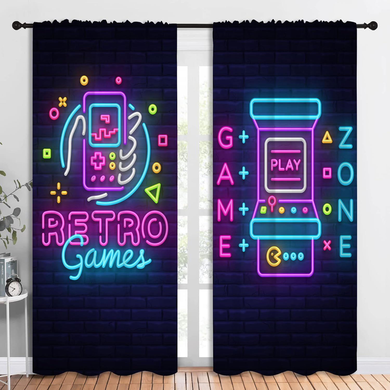Background Retro Gaming - アートレトロゲームとアーケードゲームのロッドポケット遮光カーテン、男の子と女の子の寝室用、ビデオゲームゲームパッドと壁の背景ライト