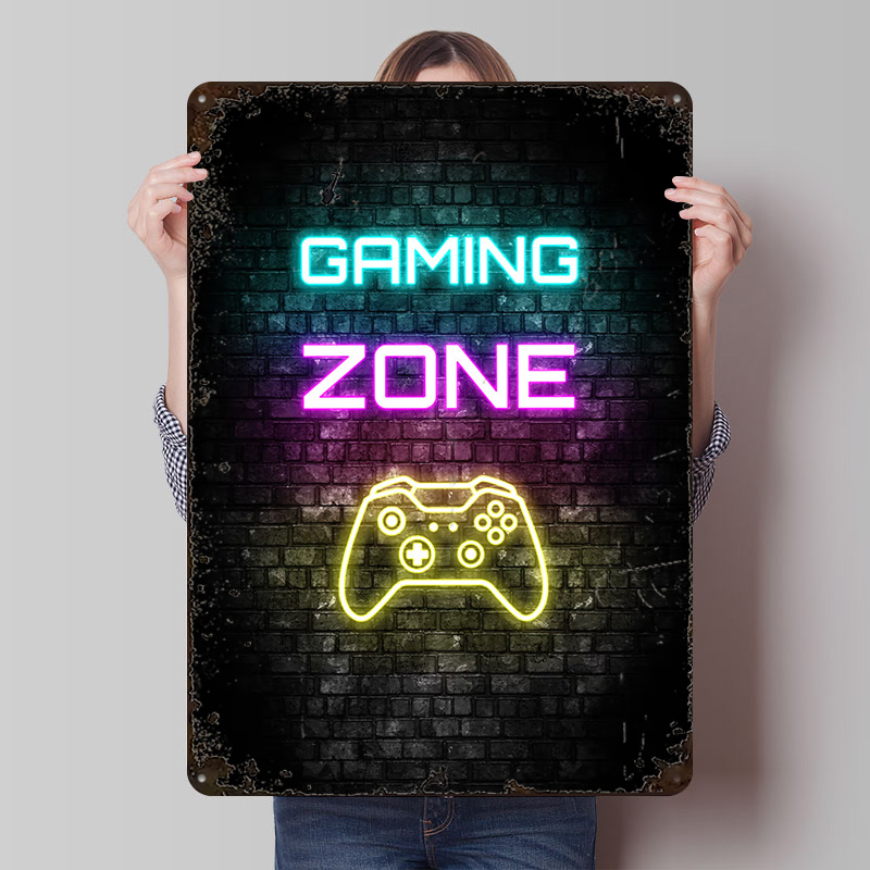 Retro Gaming Zone - ゲームゾーンネオンサイン、レンガプリントポスター、カスタマイズされたウォールアート、レトロヴィンテージメタルティンサイン、家の寝室の装飾用